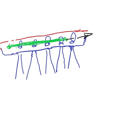 Trimmer line is shown in green. Lacing is blue